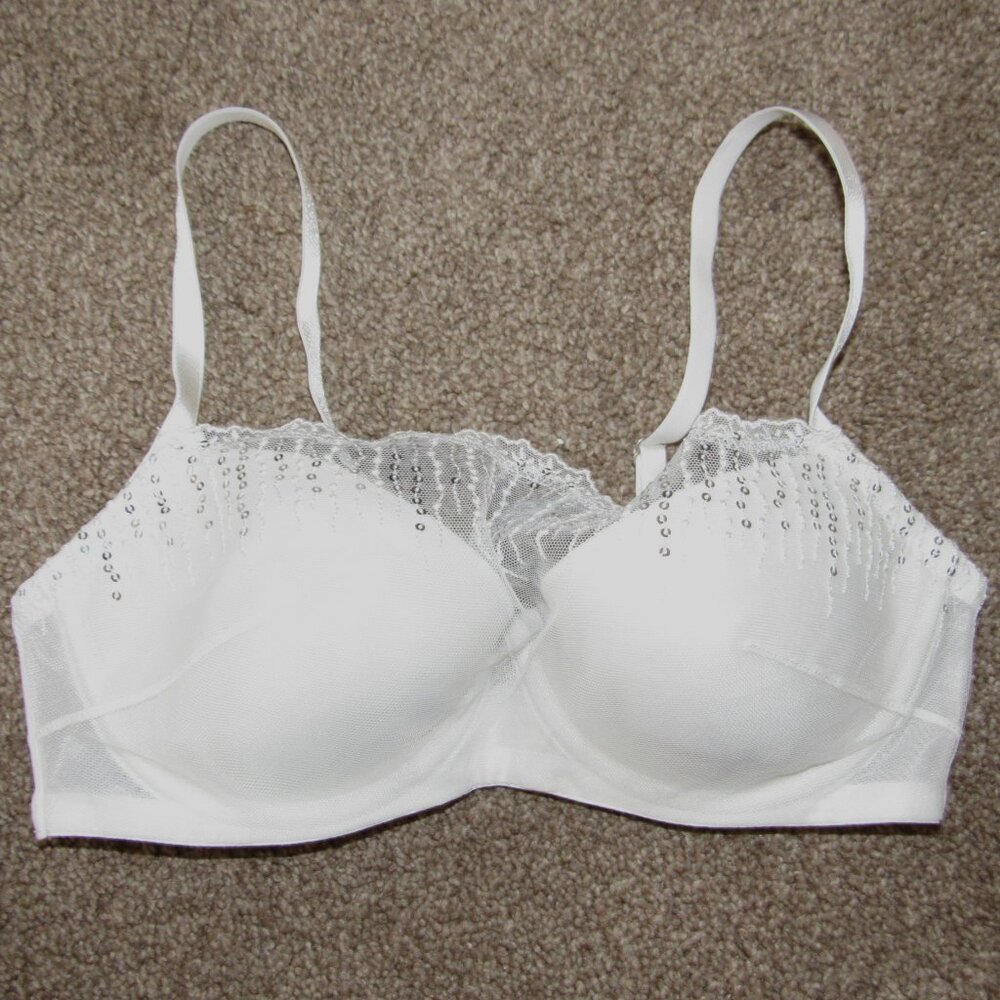 Soma White Cami Mesh Sequin Peek A Boo Contour Cup Bra sz 32C